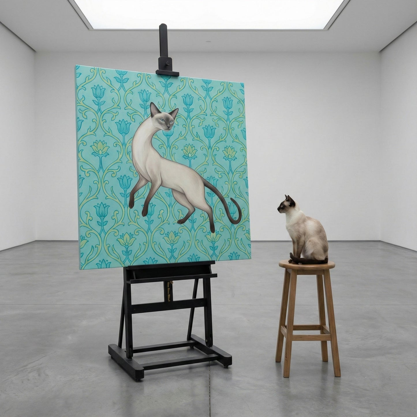 Ornate Float Canvas room mockup; custom cat portrait canvas from photo in the Ornate Float style; pointed cat; proof before print.