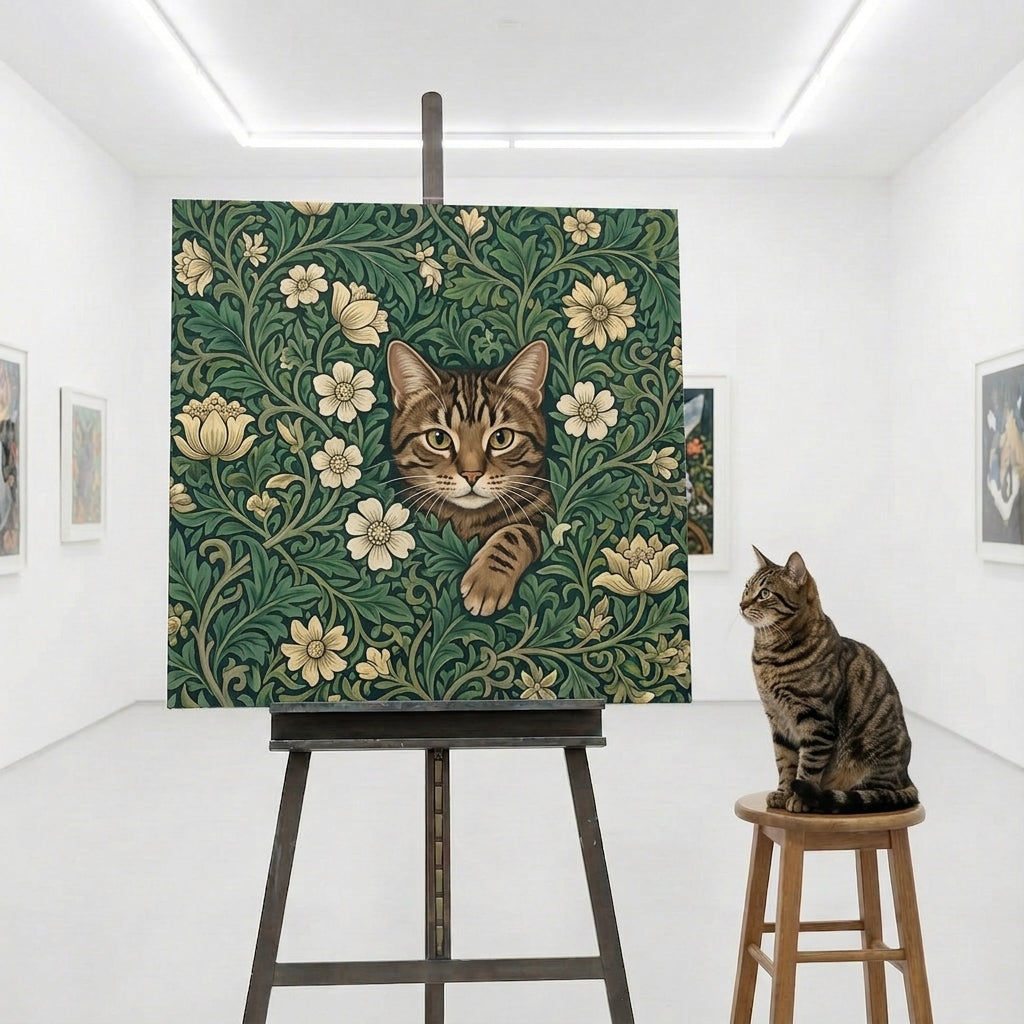Ornate Float Canvas room mockup; custom cat portrait canvas from photo in the Ornate Float style; tabby cat; proof before print.