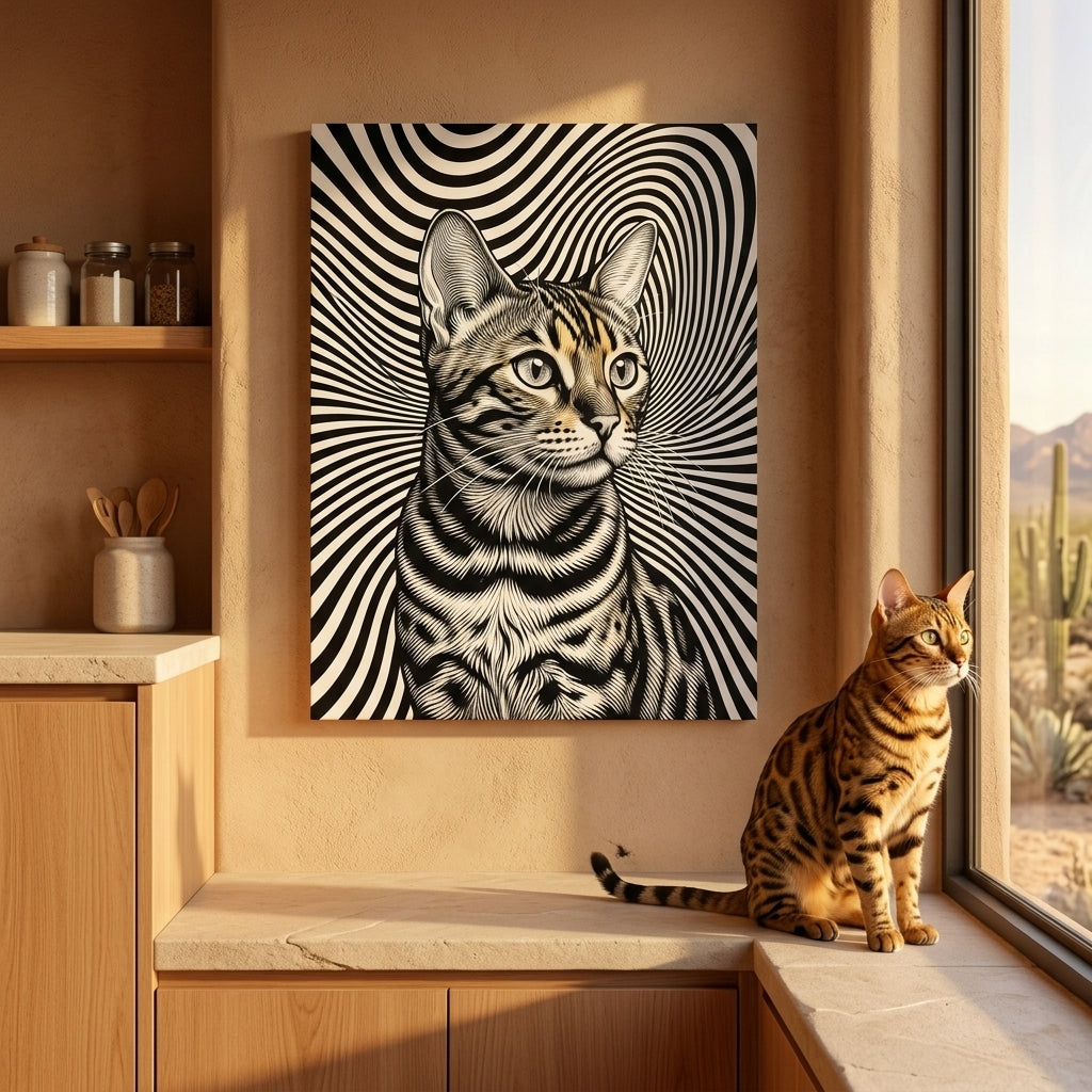 Optical Line Illusion Canvas room mockup; custom cat portrait canvas from photo in the Optical Line Illusion style; kitchen-themed; spotted tabby-like cat; proof before print.