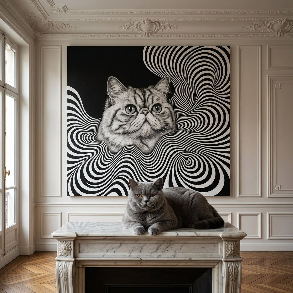 Optical Line Illusion Canvas room mockup; custom cat portrait canvas from photo in the Optical Line Illusion style; gray cat; proof before print.
