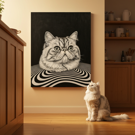 Optical Line Illusion Canvas room mockup; custom cat portrait canvas from photo in the Optical Line Illusion style; longhair cat; proof before print.
