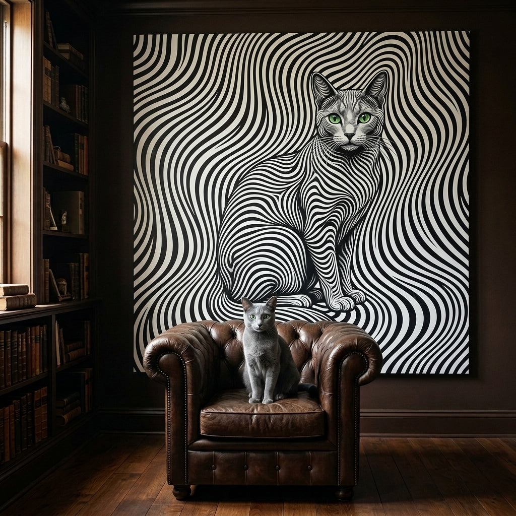Optical Line Illusion Canvas room mockup; custom cat portrait canvas from photo in the Optical Line Illusion style; gray cat; proof before print.