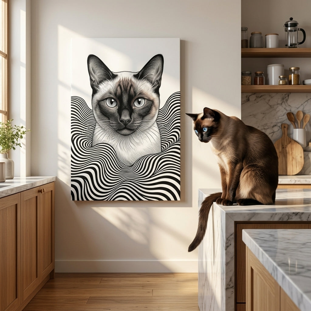 Optical Line Illusion Canvas room mockup; custom cat portrait canvas from photo in the Optical Line Illusion style; pointed cat; proof before print.