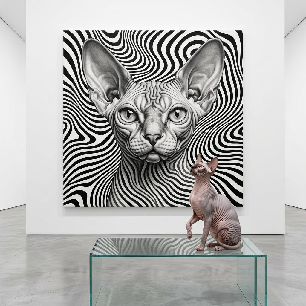 Optical Line Illusion Canvas room mockup; custom cat portrait canvas from photo in the Optical Line Illusion style; hairless cat; proof before print.
