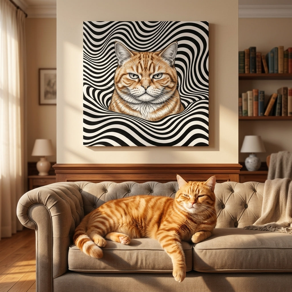 Optical Line Illusion Canvas room mockup; custom cat portrait canvas from photo in the Optical Line Illusion style; tabby cat; proof before print.