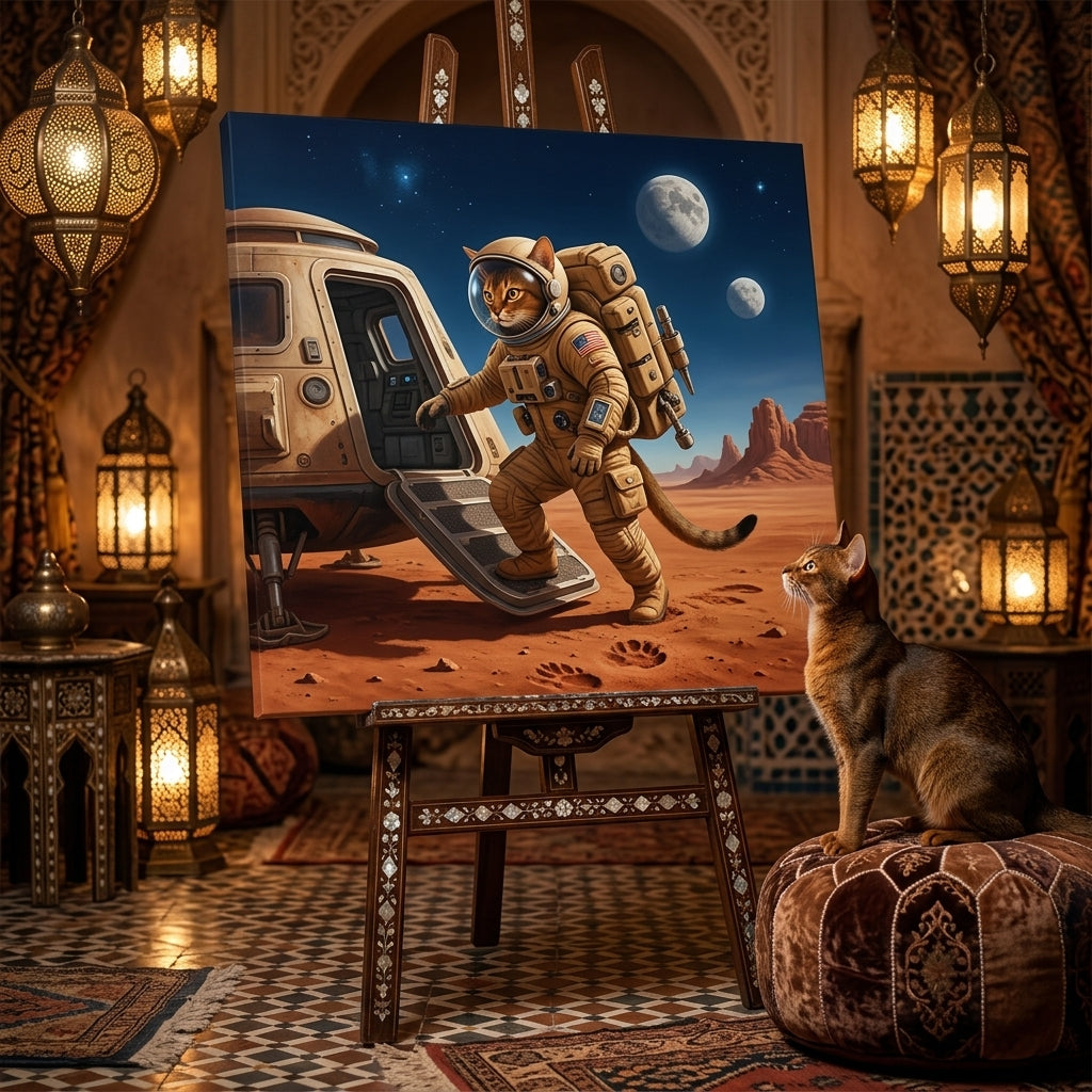 Orbital Motion Canvas room mockup; custom cat portrait canvas from photo in the Orbital Motion style; flight-themed; warm-toned cat; proof before print.