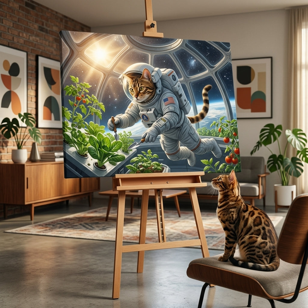 Orbital Motion Canvas room mockup; custom cat portrait canvas from photo in the Orbital Motion style; spotted tabby-like cat; proof before print.