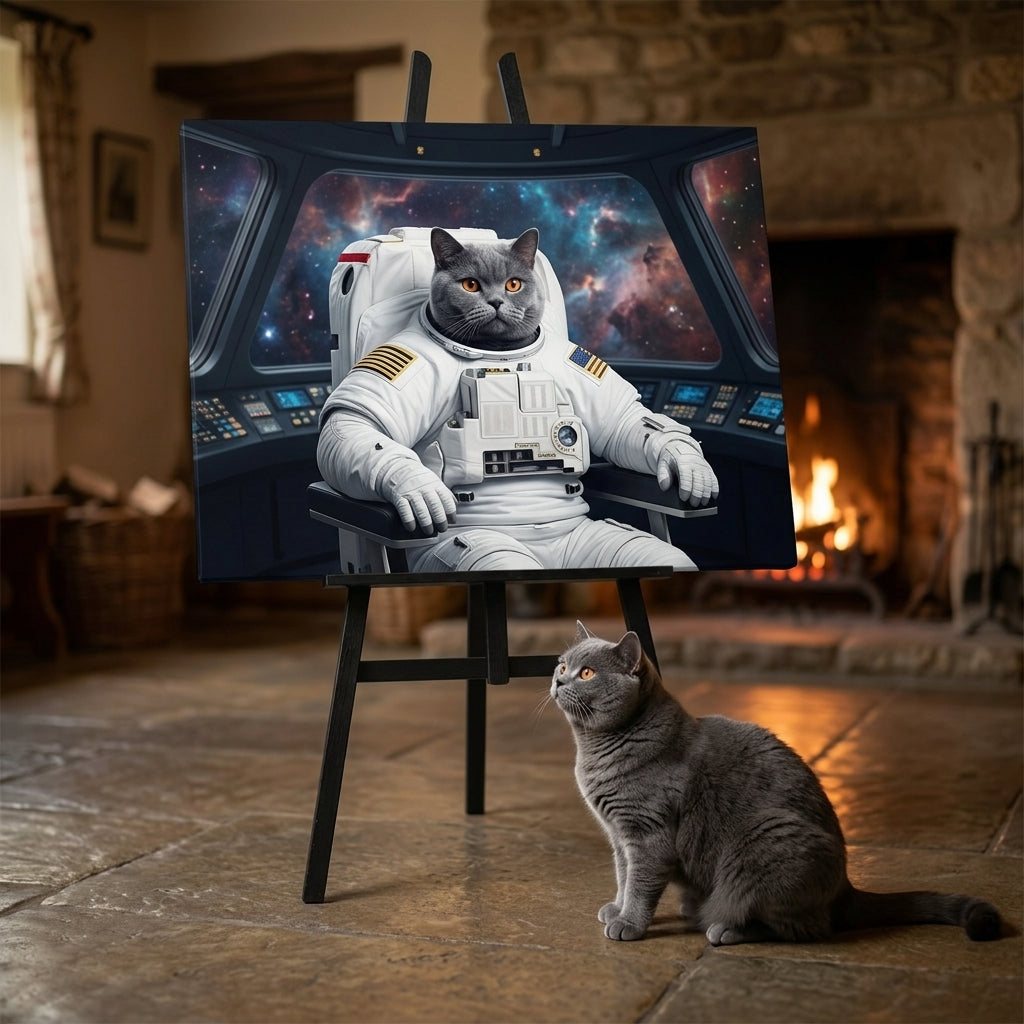 Orbital Motion Canvas room mockup; custom cat portrait canvas from photo in the Orbital Motion style; gray cat; proof before print.