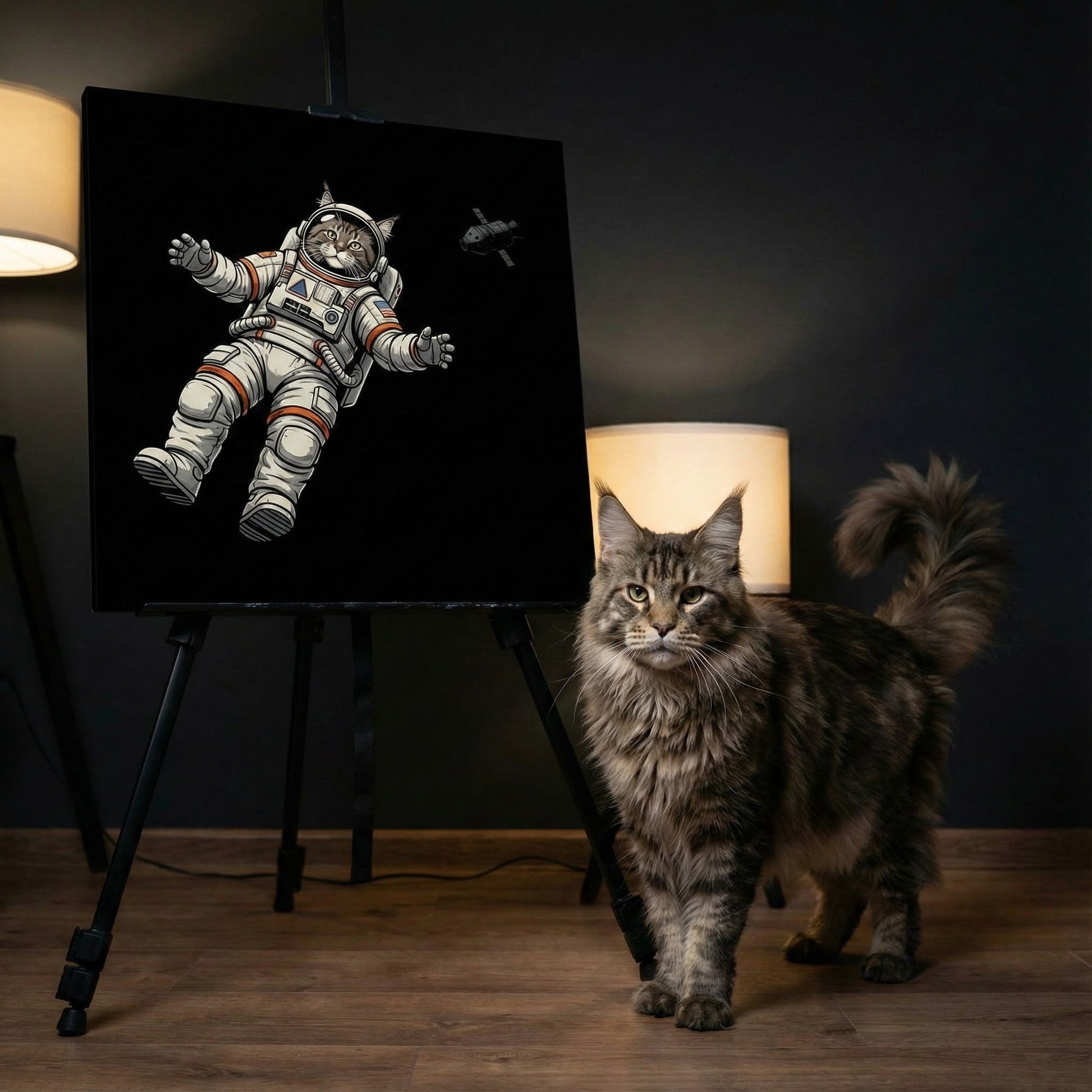 Orbital Motion Canvas room mockup; custom cat portrait canvas from photo in the Orbital Motion style; longhair cat; proof before print.