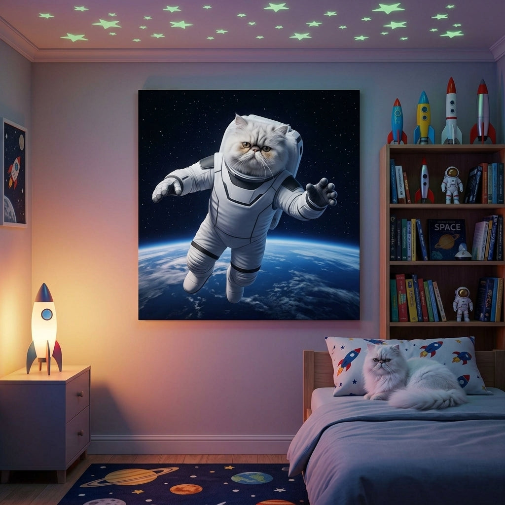 Orbital Motion Canvas room mockup; custom cat portrait canvas from photo in the Orbital Motion style; longhair cat; proof before print.