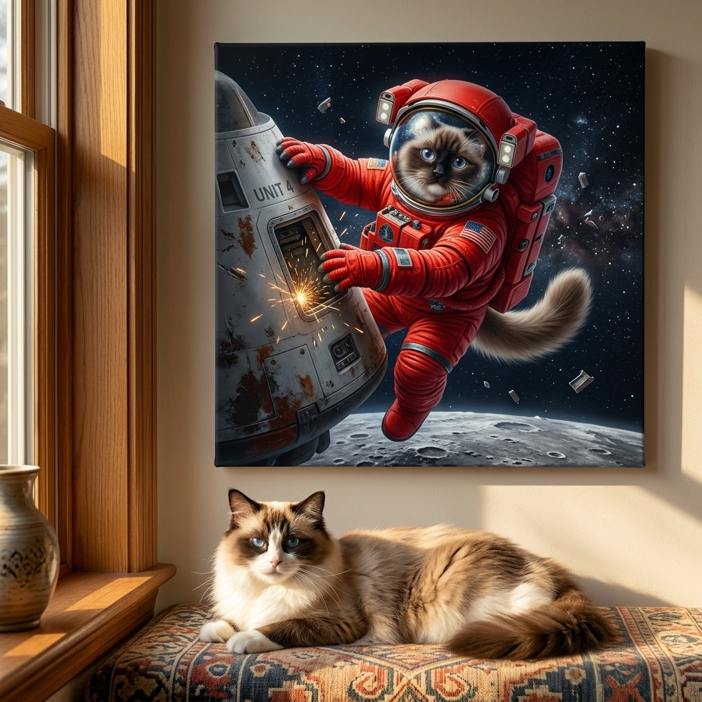 Orbital Motion Canvas room mockup; custom cat portrait canvas from photo in the Orbital Motion style; longhair cat; proof before print.