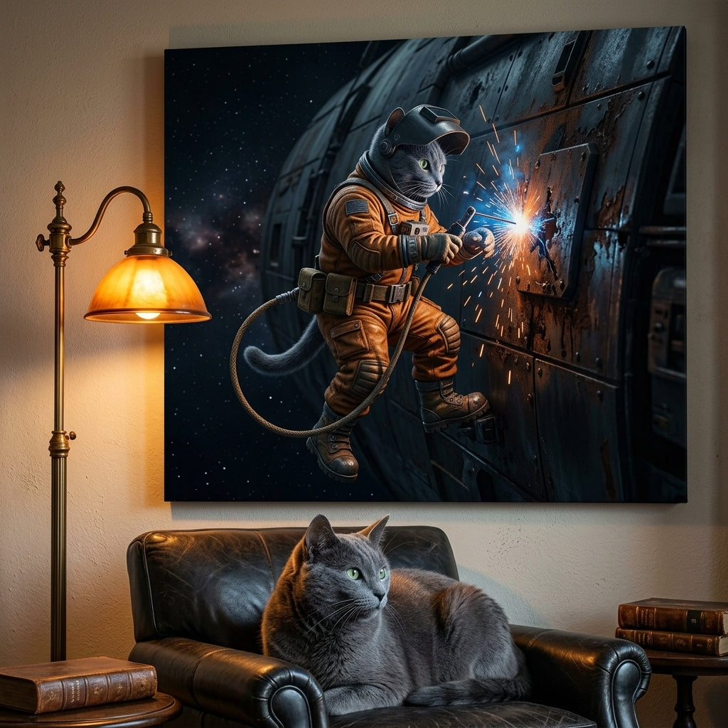 Orbital Motion Canvas room mockup; custom cat portrait canvas from photo in the Orbital Motion style; gray cat; proof before print.