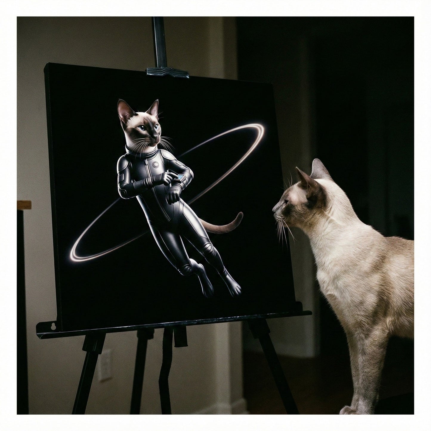 Orbital Motion Canvas room mockup; custom cat portrait canvas from photo in the Orbital Motion style; pointed cat; proof before print.