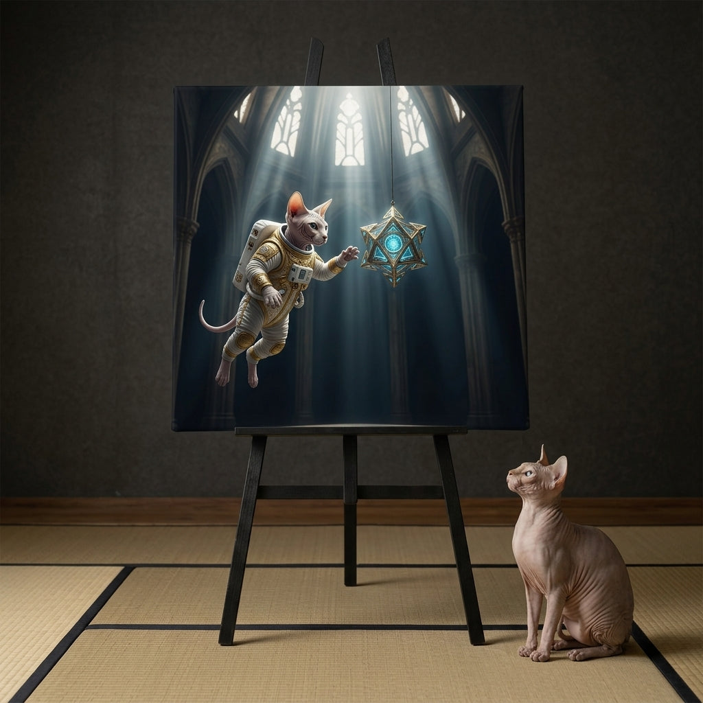 Orbital Motion Canvas room mockup; custom cat portrait canvas from photo in the Orbital Motion style; broadcast-themed; hairless cat; proof before print.