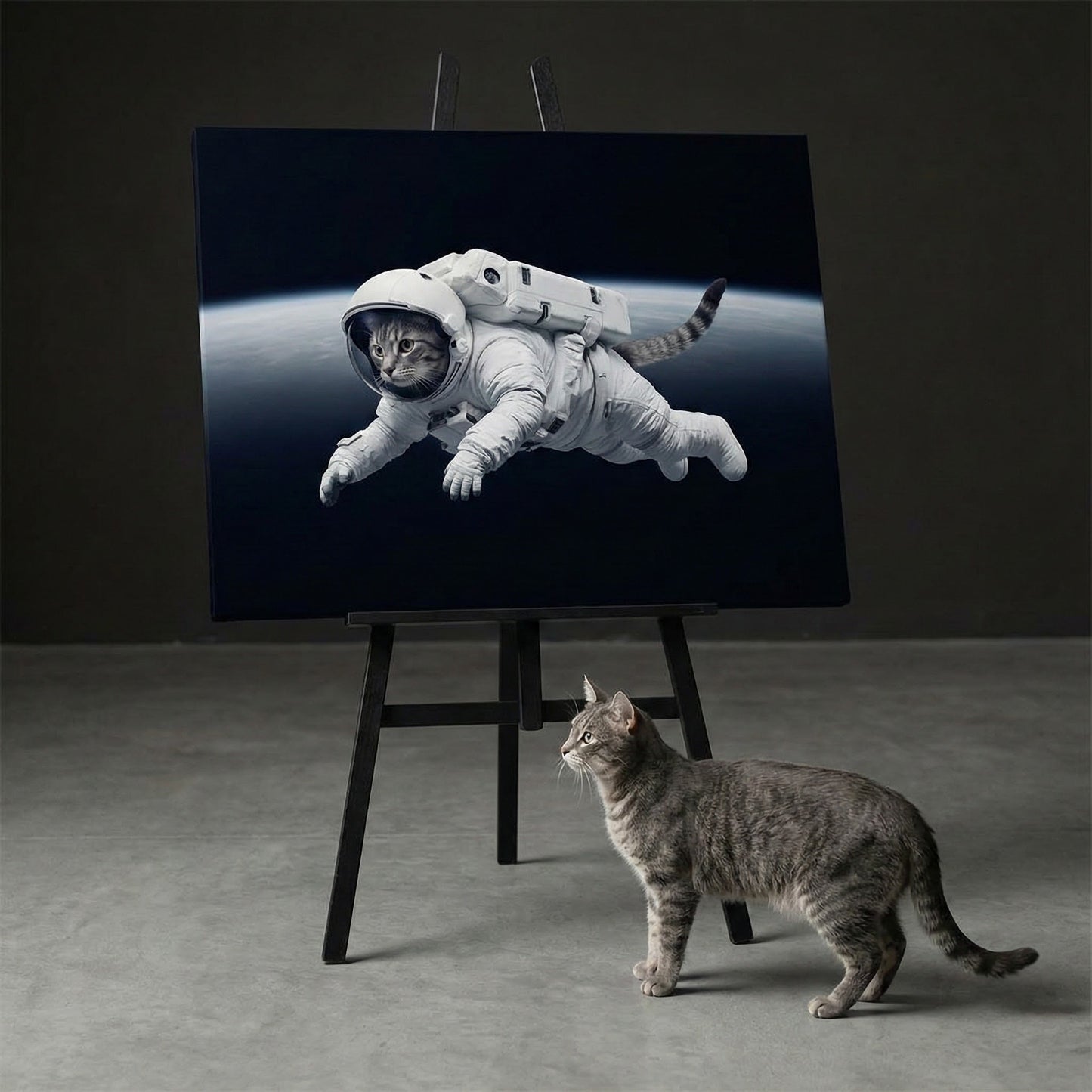 Orbital Motion Canvas room mockup; custom cat portrait canvas from photo in the Orbital Motion style; tabby cat; proof before print.