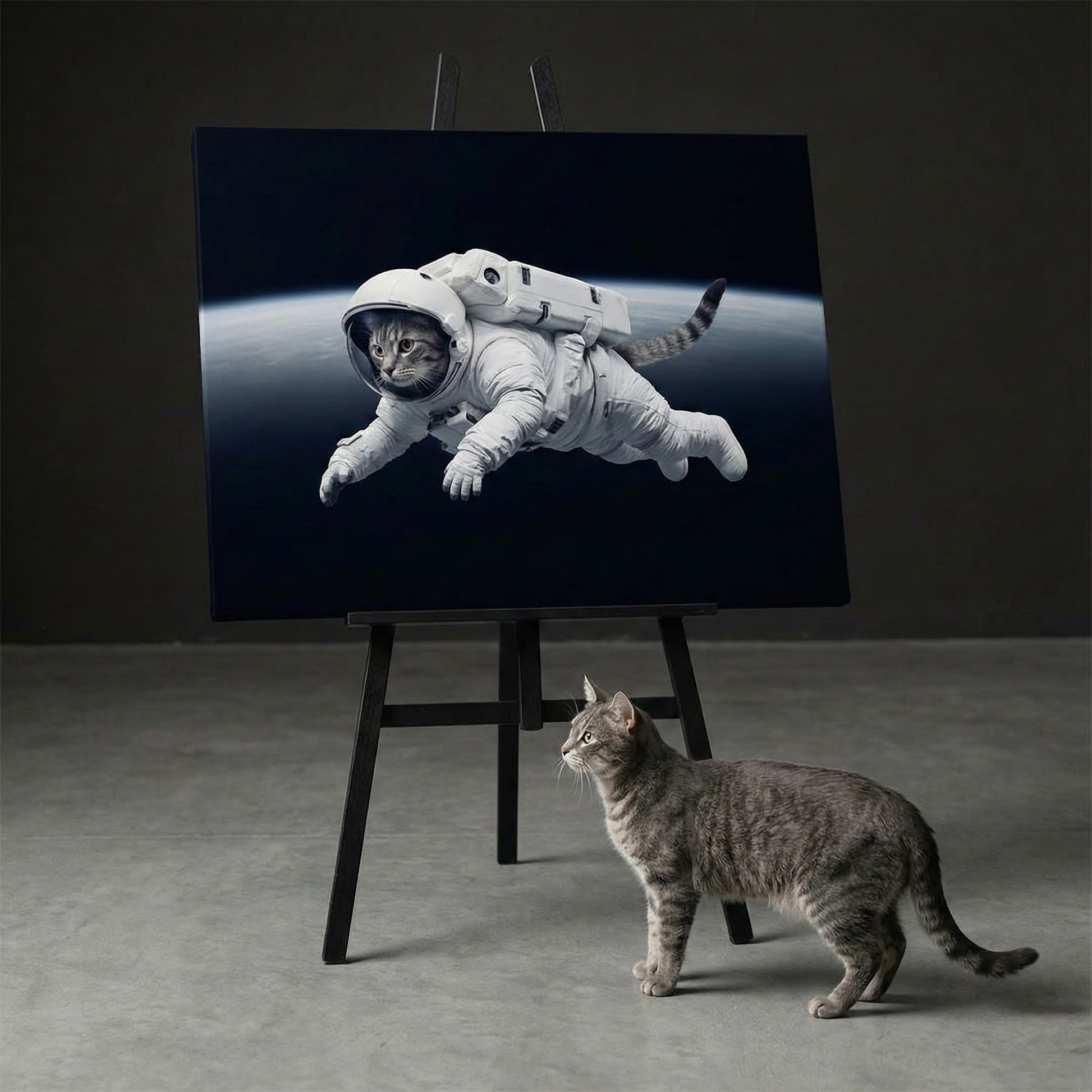 Orbital Motion Canvas room mockup; custom cat portrait canvas from photo in the Orbital Motion style; tabby cat; proof before print.