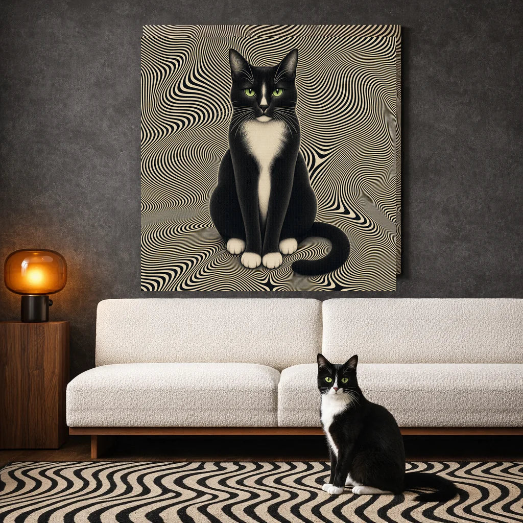 Optical Line Illusion Canvas room mockup; custom cat portrait canvas from photo in the Optical Line Illusion style; tuxedo cat; proof before print.