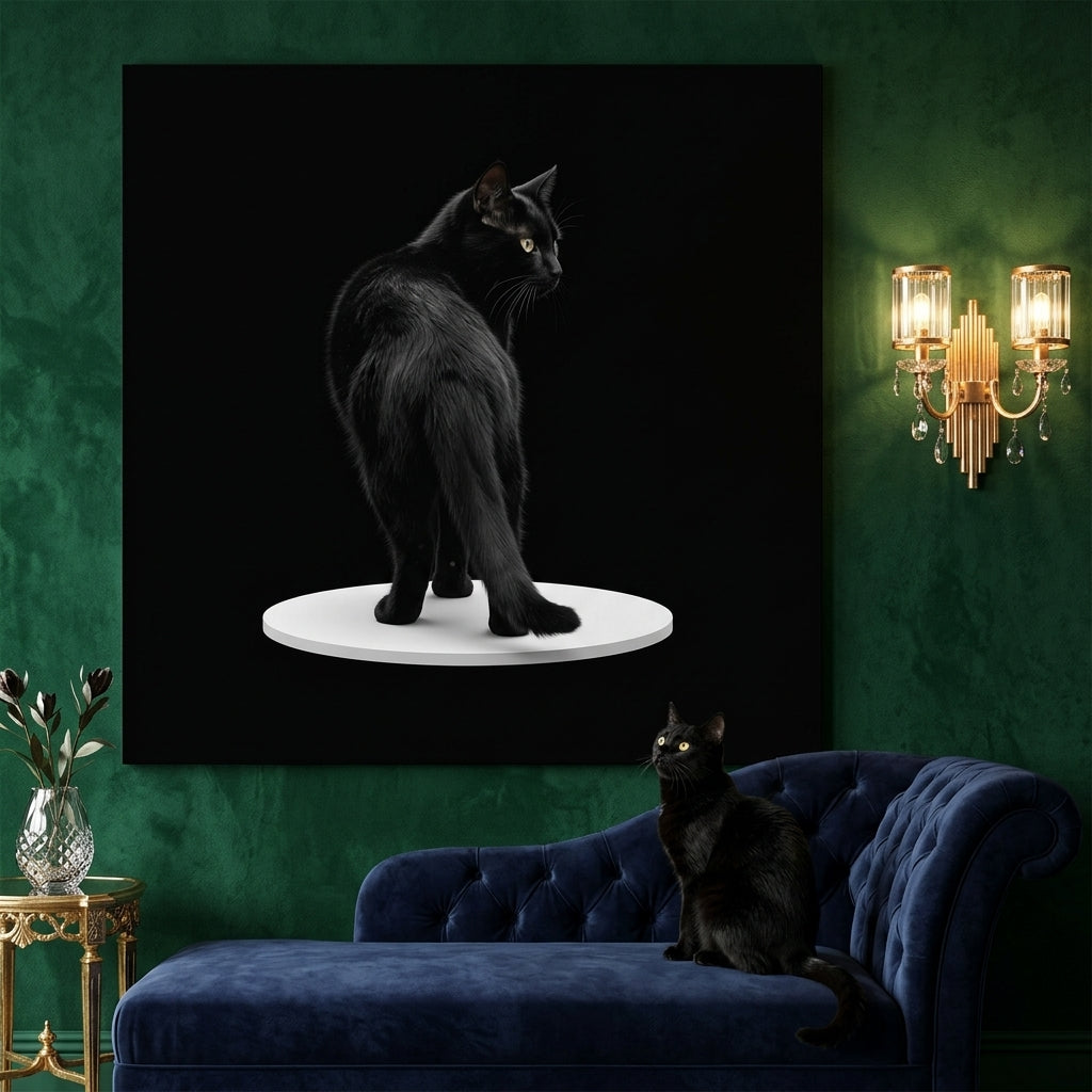Optical Walk Canvas room mockup; custom cat portrait canvas from photo in the Optical Walk style; black cat; proof before print.