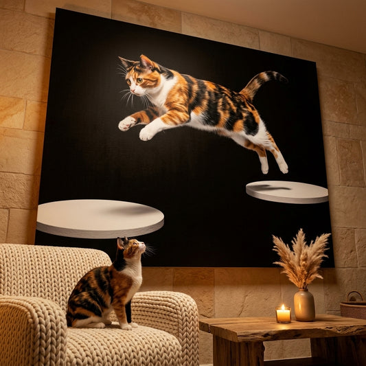 Optical Walk Canvas room mockup; custom cat portrait canvas from photo in the Optical Walk style; calico cat; proof before print.