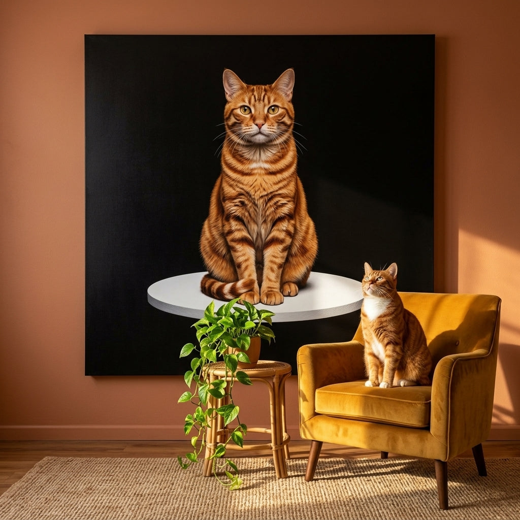 Optical Walk Canvas room mockup; custom cat portrait canvas from photo in the Optical Walk style; spotted tabby-like cat; proof before print.