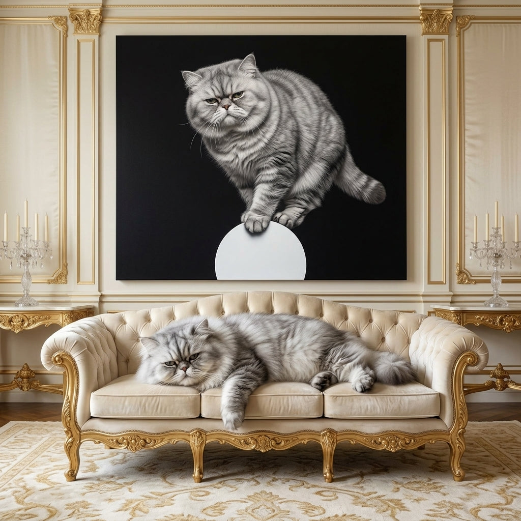 Optical Walk Canvas room mockup; custom cat portrait canvas from photo in the Optical Walk style; longhair cat; proof before print.
