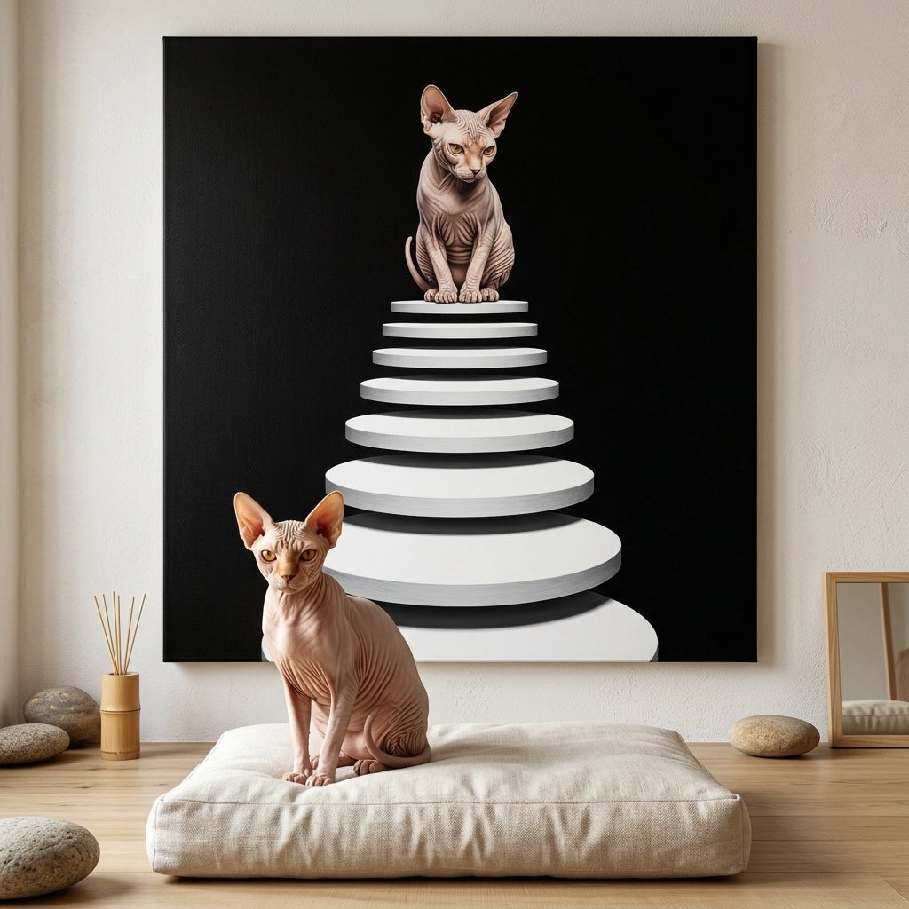 Optical Walk Canvas room mockup; custom cat portrait canvas from photo in the Optical Walk style; hairless cat; proof before print.