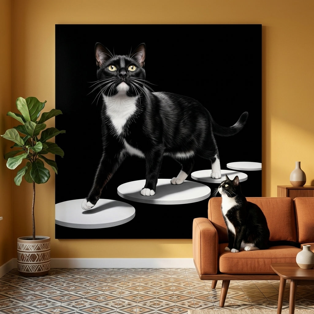 Optical Walk Canvas room mockup; custom cat portrait canvas from photo in the Optical Walk style; tuxedo cat; proof before print.