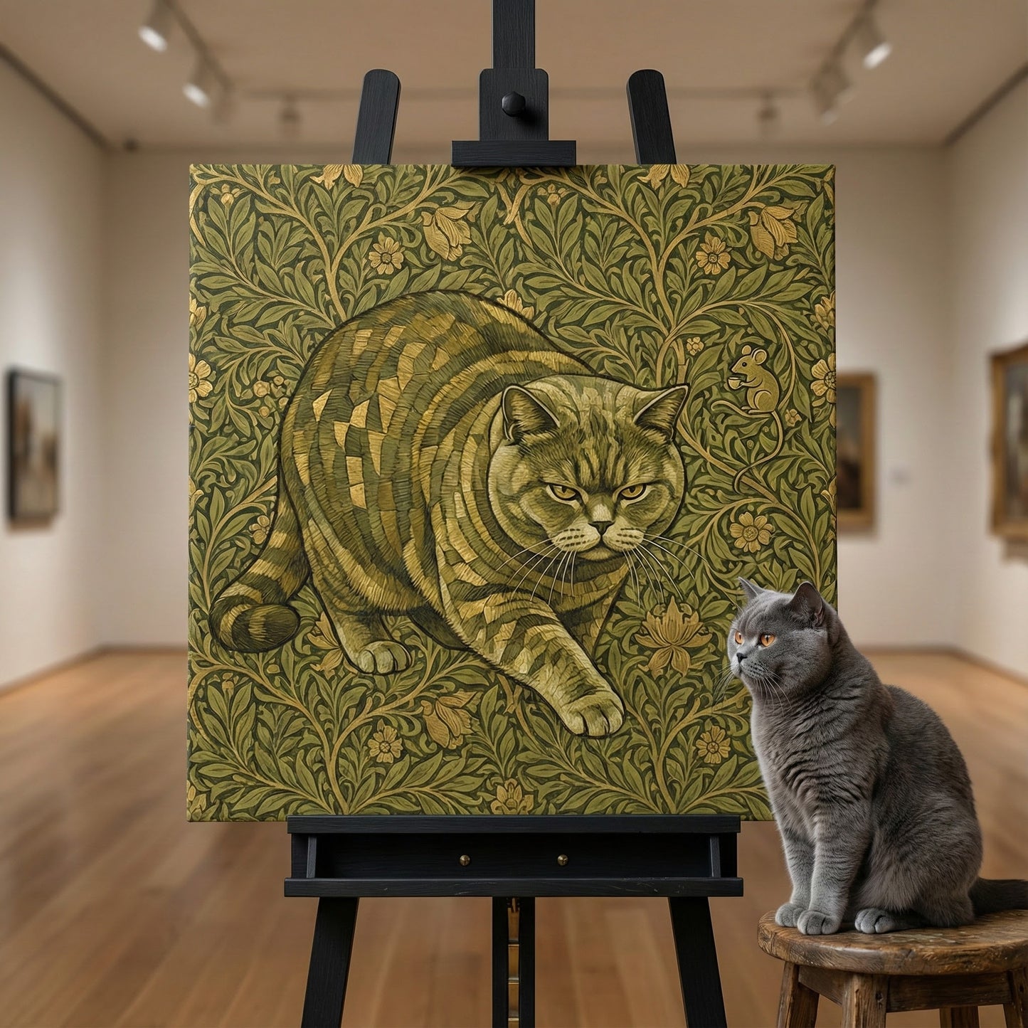 Ornamental Chase Canvas room mockup; custom cat portrait canvas from photo in the Ornamental Chase style; gray cat; proof before print.