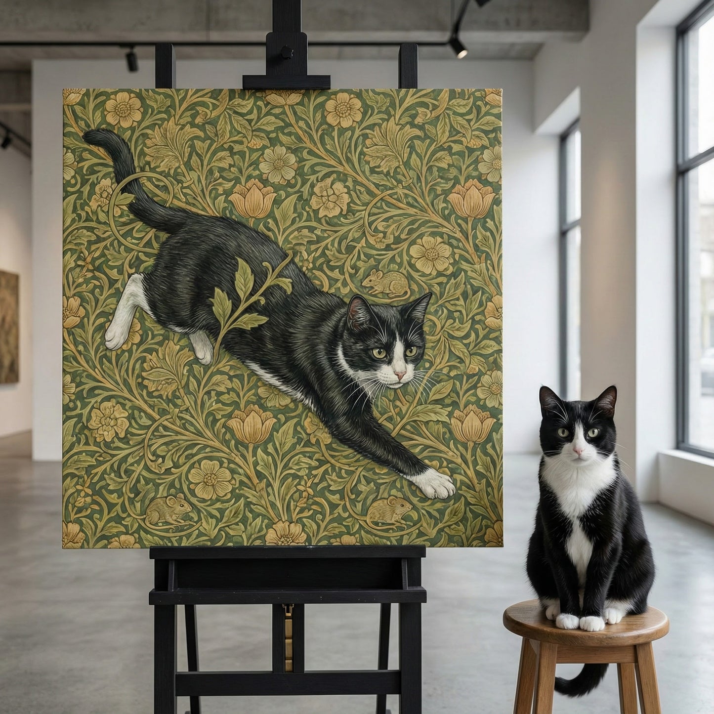 Ornamental Chase Canvas room mockup; custom cat portrait canvas from photo in the Ornamental Chase style; tuxedo cat; proof before print.