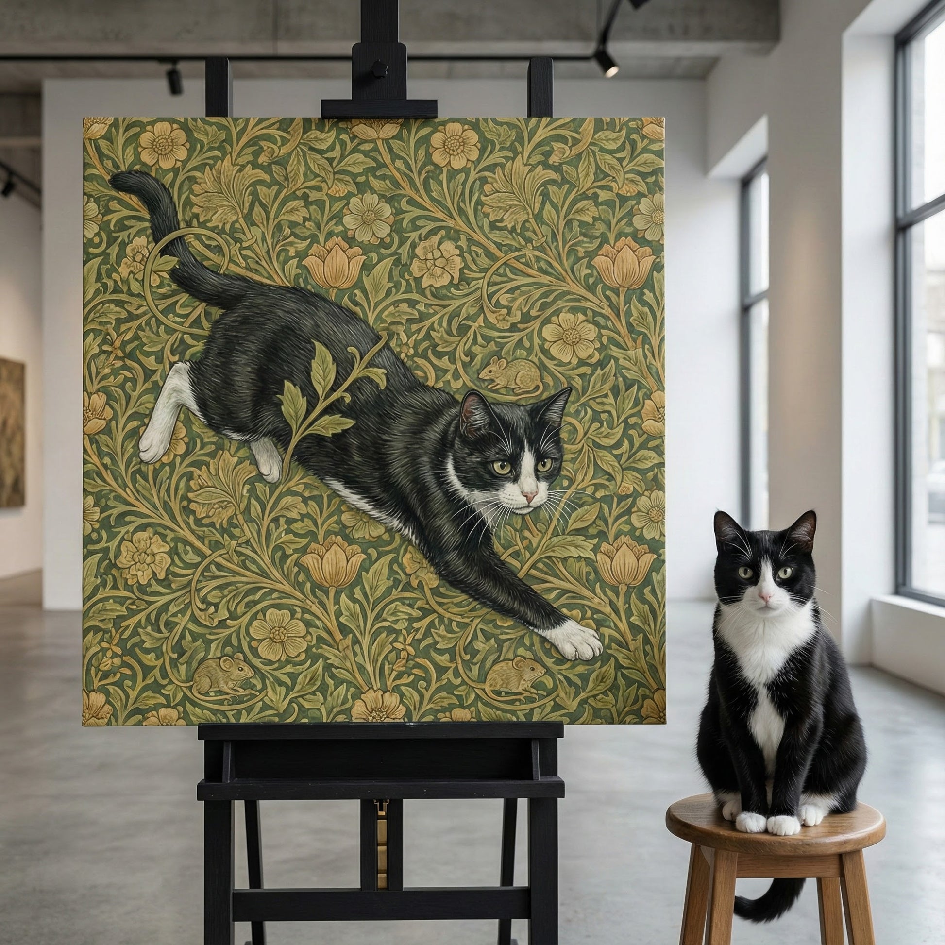 Ornamental Chase Canvas room mockup; custom cat portrait canvas from photo in the Ornamental Chase style; tuxedo cat; proof before print.