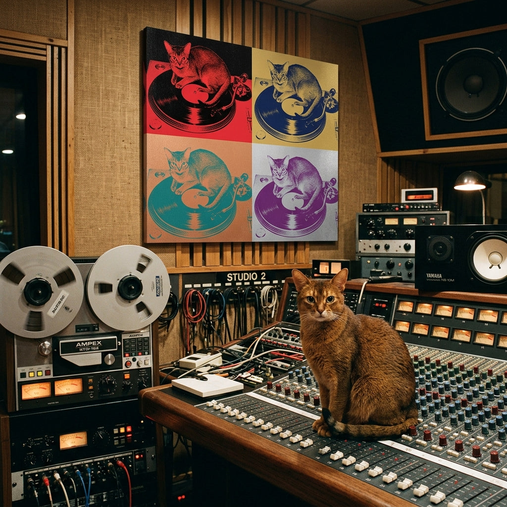 Overstimulated Canvas room mockup; custom cat portrait canvas from photo in the Overstimulated style; broadcast-themed; warm-toned cat; proof before print.