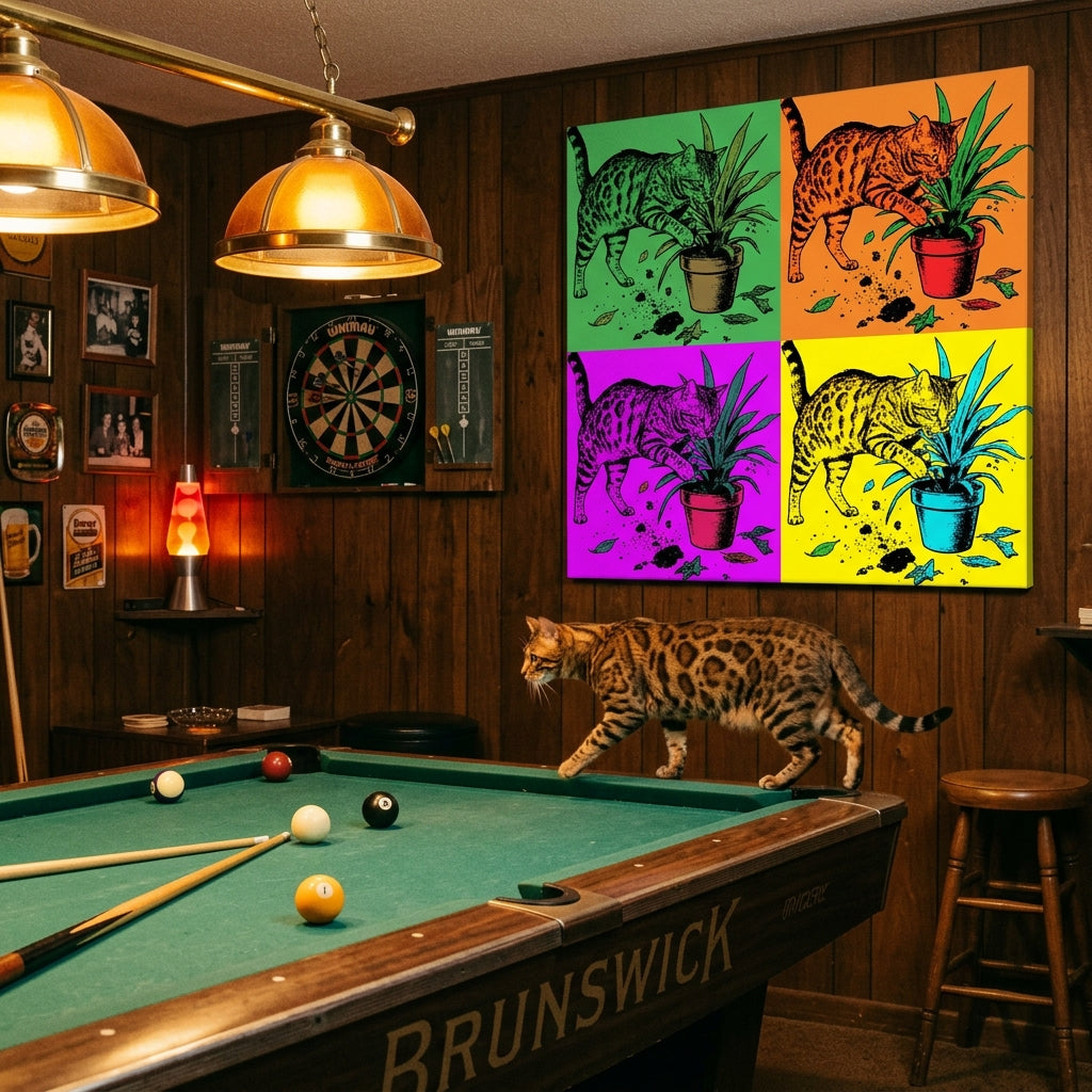Overstimulated Canvas room mockup; custom cat portrait canvas from photo in the Overstimulated style; spotted tabby-like cat; proof before print.