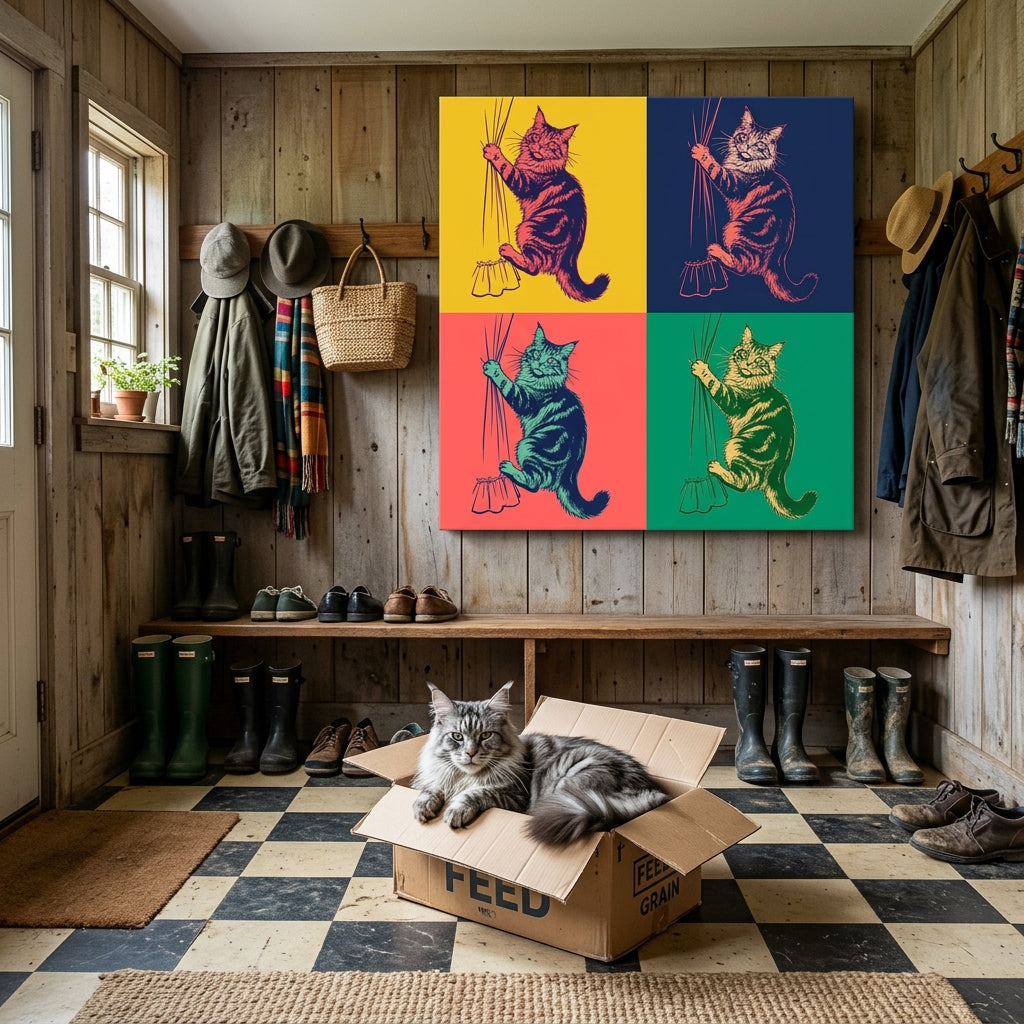 Overstimulated Canvas room mockup; custom cat portrait canvas from photo in the Overstimulated style; longhair cat; proof before print.