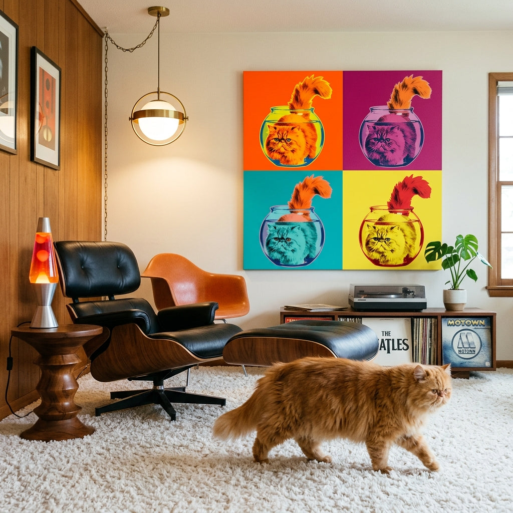 Overstimulated Canvas room mockup; custom cat portrait canvas from photo in the Overstimulated style; longhair cat; proof before print.