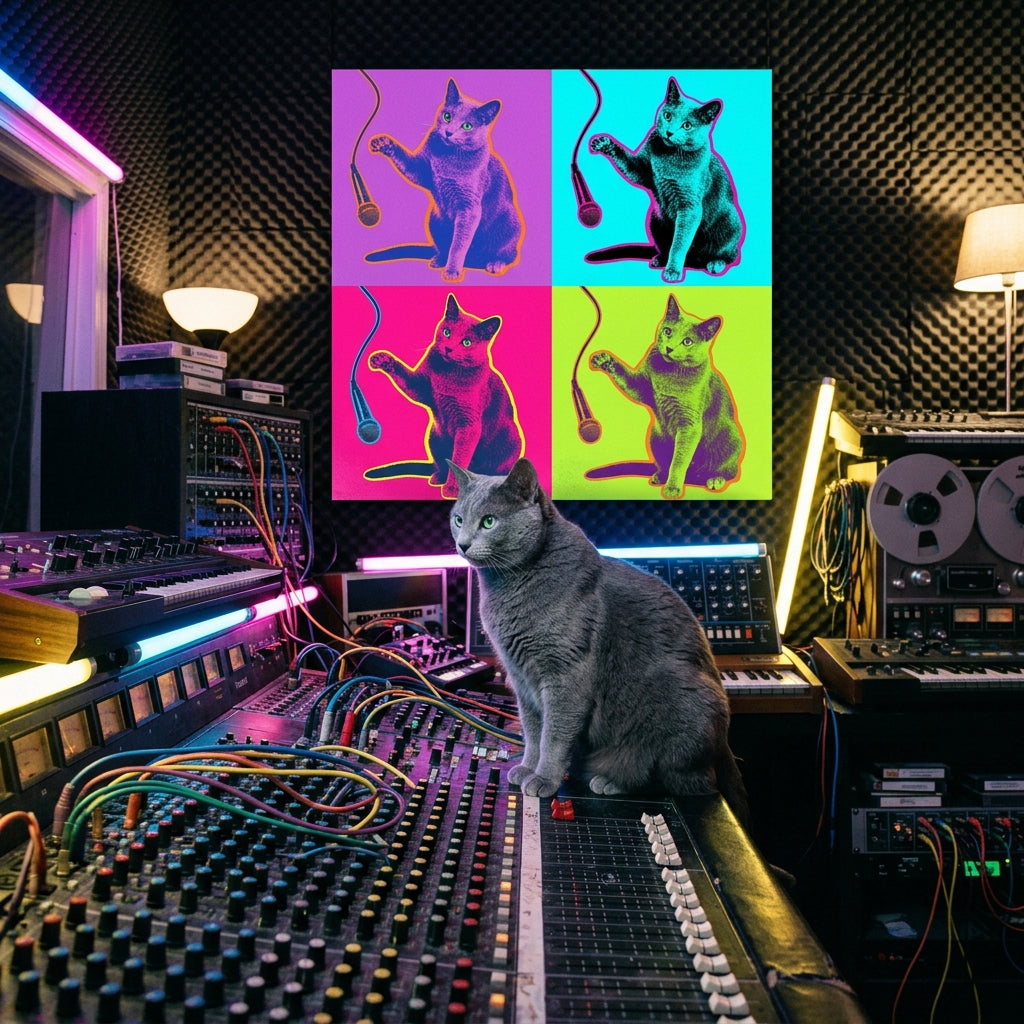 Overstimulated Canvas room mockup; custom cat portrait canvas from photo in the Overstimulated style; broadcast-themed; gray cat; proof before print.