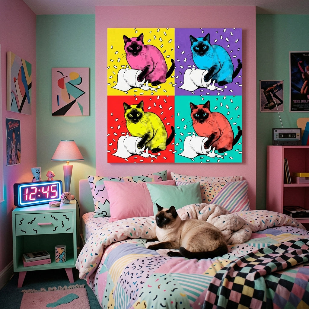 Overstimulated Canvas room mockup; custom cat portrait canvas from photo in the Overstimulated style; pointed cat; proof before print.