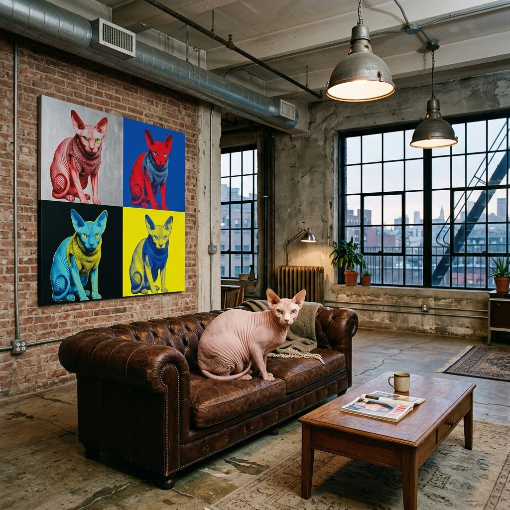 Overstimulated Canvas room mockup; custom cat portrait canvas from photo in the Overstimulated style; hairless cat; proof before print.