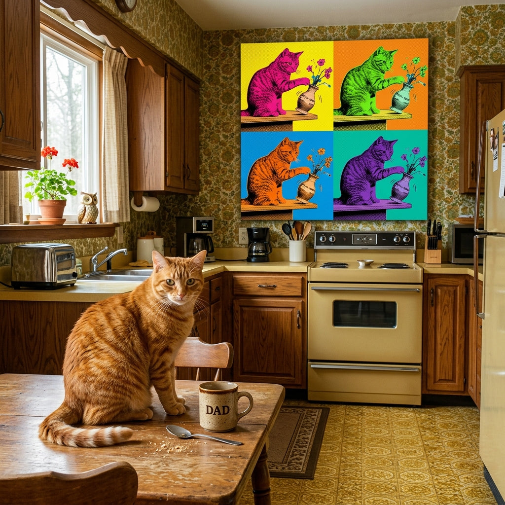 Overstimulated Canvas room mockup; custom cat portrait canvas from photo in the Overstimulated style; kitchen-themed; orange tabby cat; proof before print.