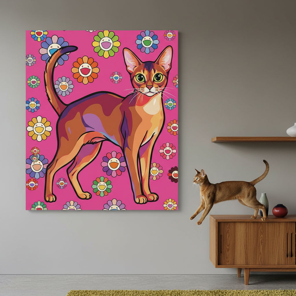 POP Art Vivid Canvas room mockup; custom cat portrait canvas from photo in the POP Art Vivid style; warm-toned cat; proof before print.