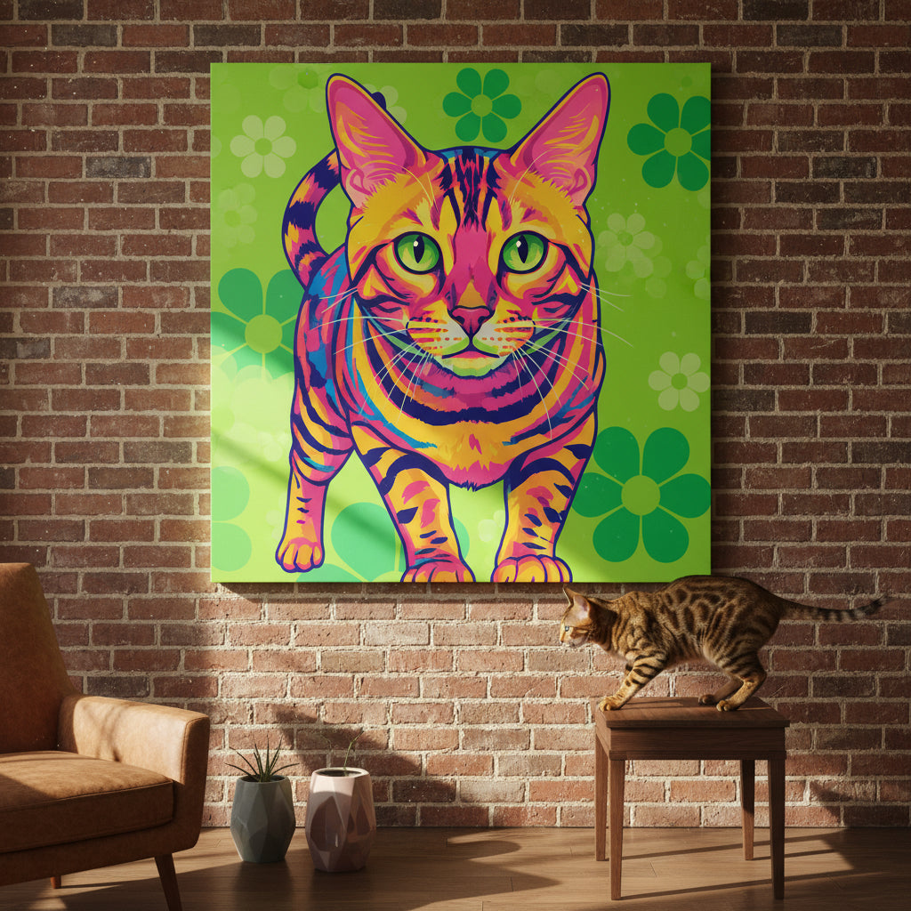 POP Art Vivid Canvas room mockup; custom cat portrait canvas from photo in the POP Art Vivid style; spotted tabby-like cat; proof before print.