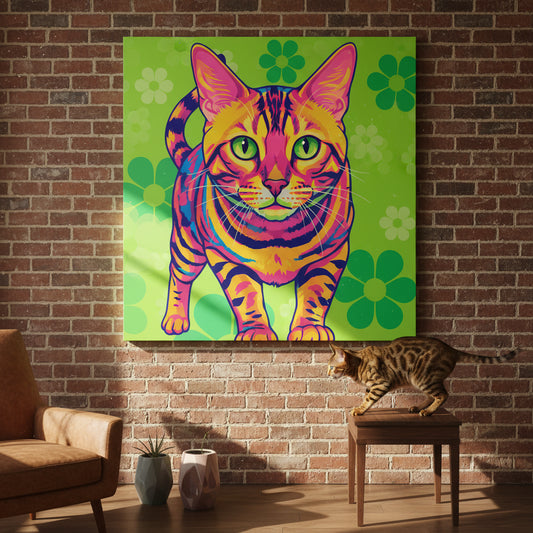 POP Art Vivid Canvas room mockup; custom cat portrait canvas from photo in the POP Art Vivid style; spotted tabby-like cat; proof before print.