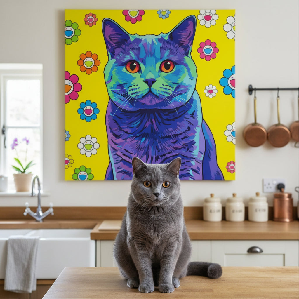 POP Art Vivid Canvas room mockup; custom cat portrait canvas from photo in the POP Art Vivid style; kitchen-themed; gray cat; proof before print.