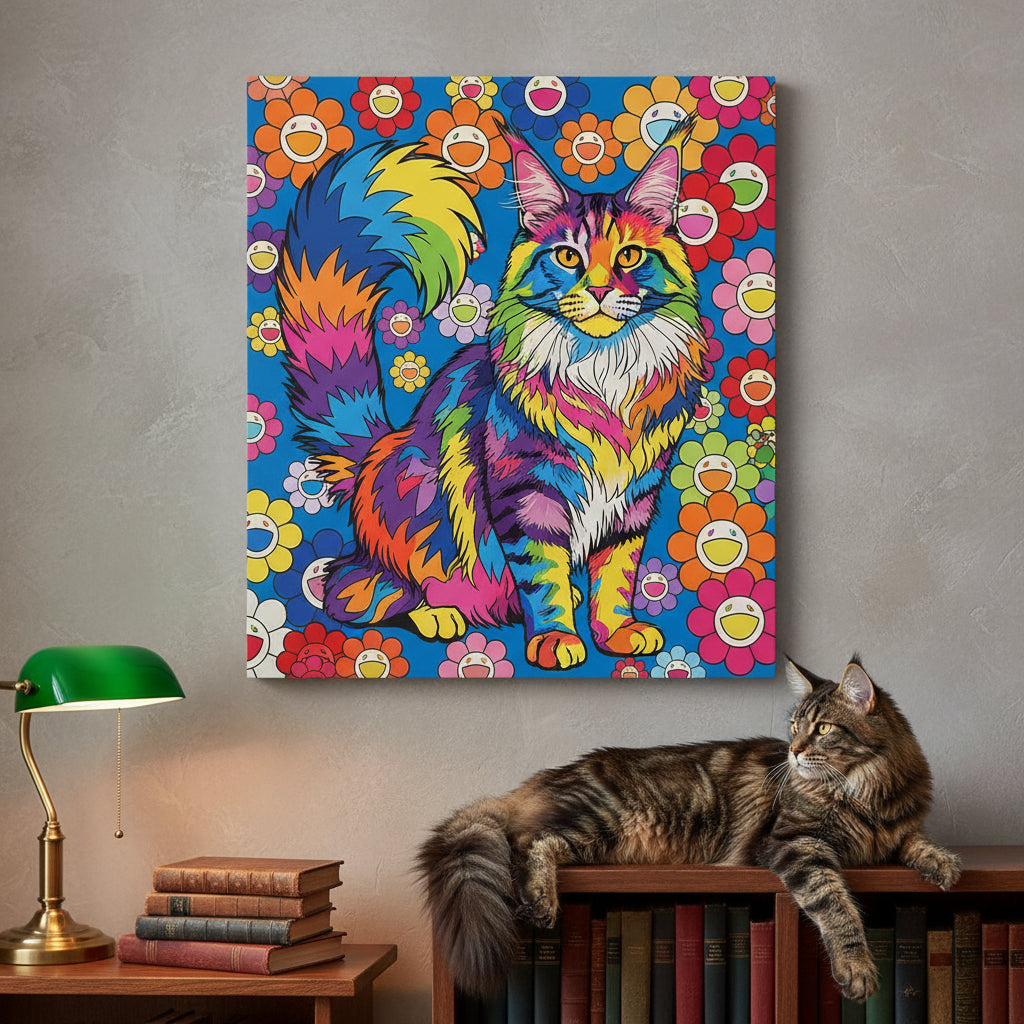 POP Art Vivid Canvas room mockup; custom cat portrait canvas from photo in the POP Art Vivid style; longhair cat; proof before print.