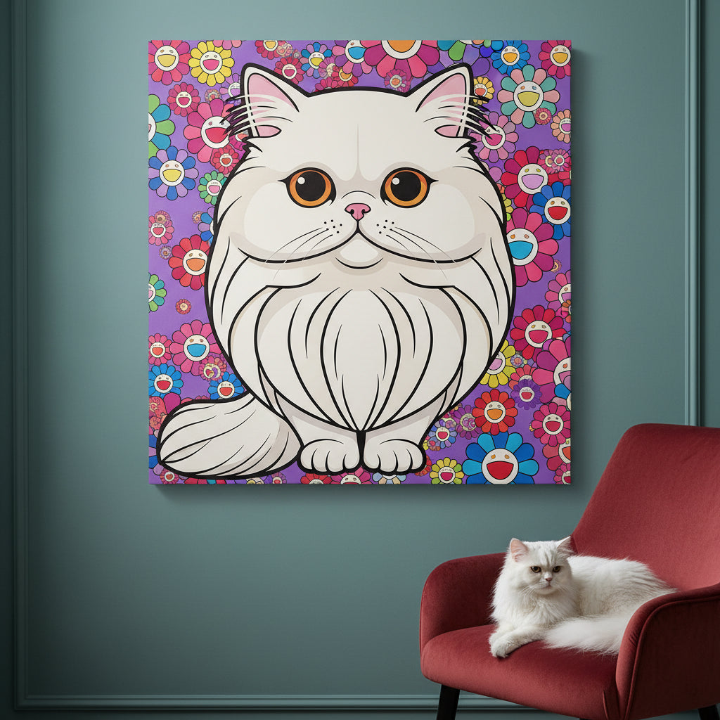 POP Art Vivid Canvas room mockup; custom cat portrait canvas from photo in the POP Art Vivid style; longhair cat; proof before print.