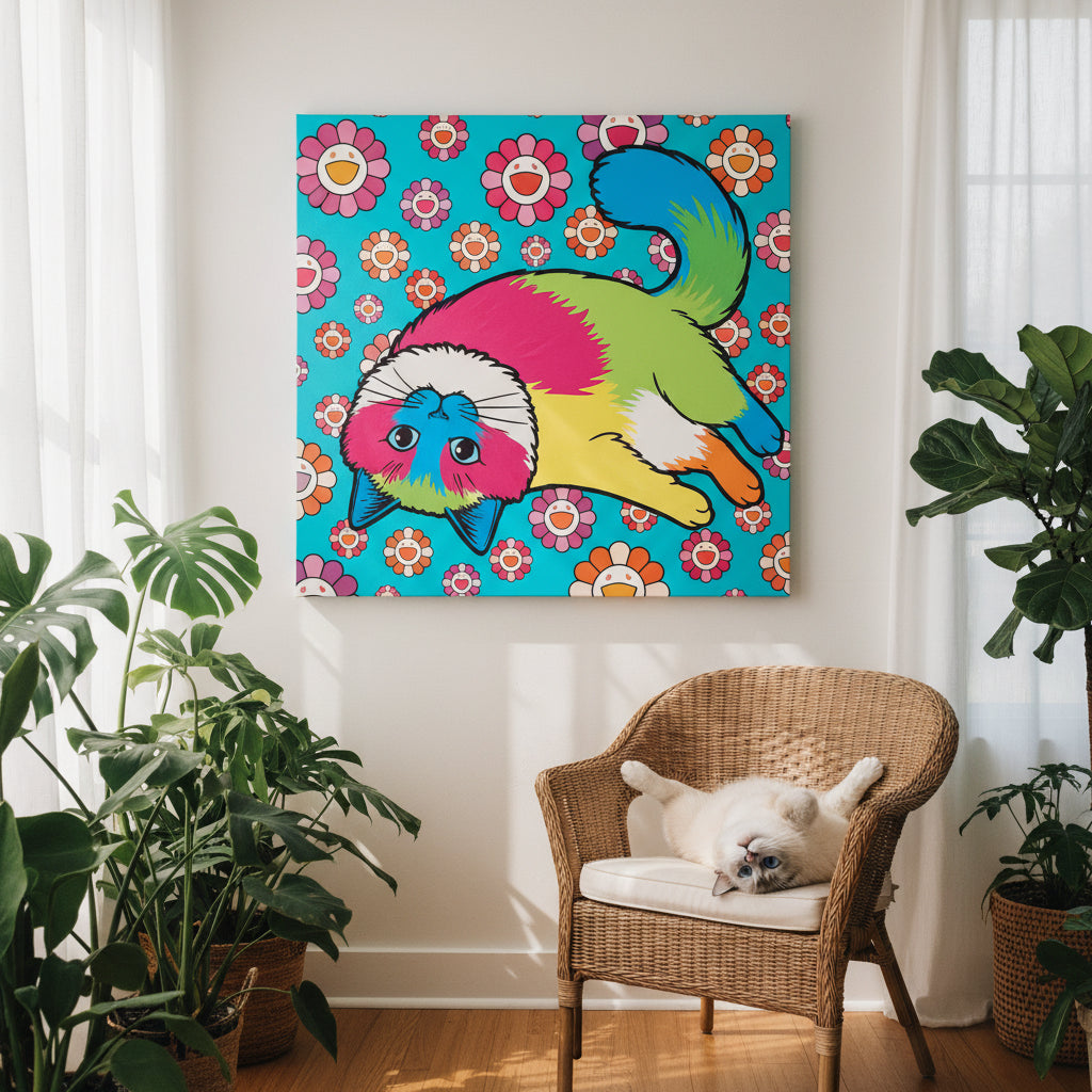 POP Art Vivid Canvas room mockup; custom cat portrait canvas from photo in the POP Art Vivid style; longhair cat; proof before print.
