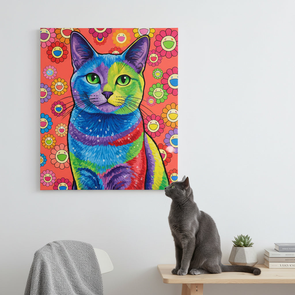 POP Art Vivid Canvas room mockup; custom cat portrait canvas from photo in the POP Art Vivid style; gray cat; proof before print.