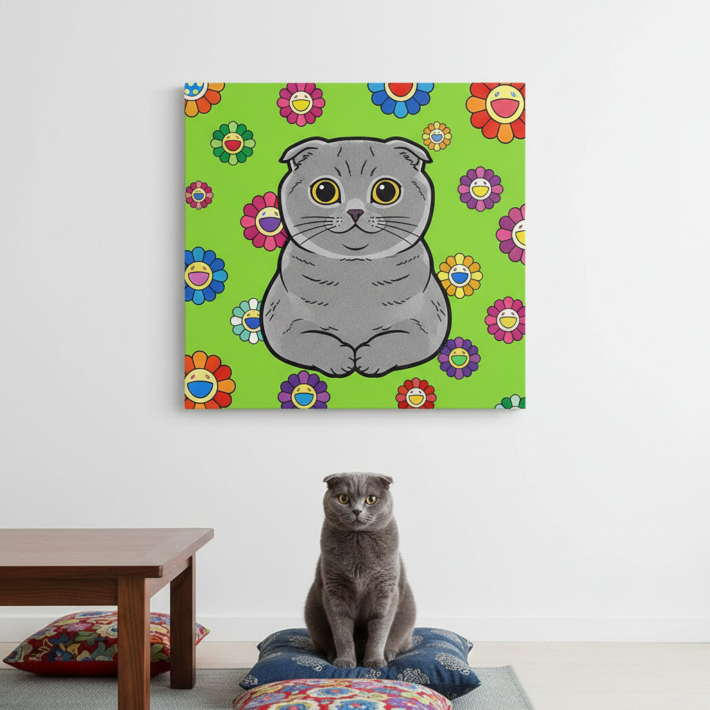 POP Art Vivid Canvas room mockup; custom cat portrait canvas from photo in the POP Art Vivid style; gray cat; proof before print.