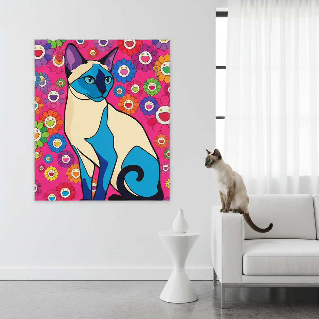 POP Art Vivid Canvas room mockup; custom cat portrait canvas from photo in the POP Art Vivid style; pointed cat; proof before print.