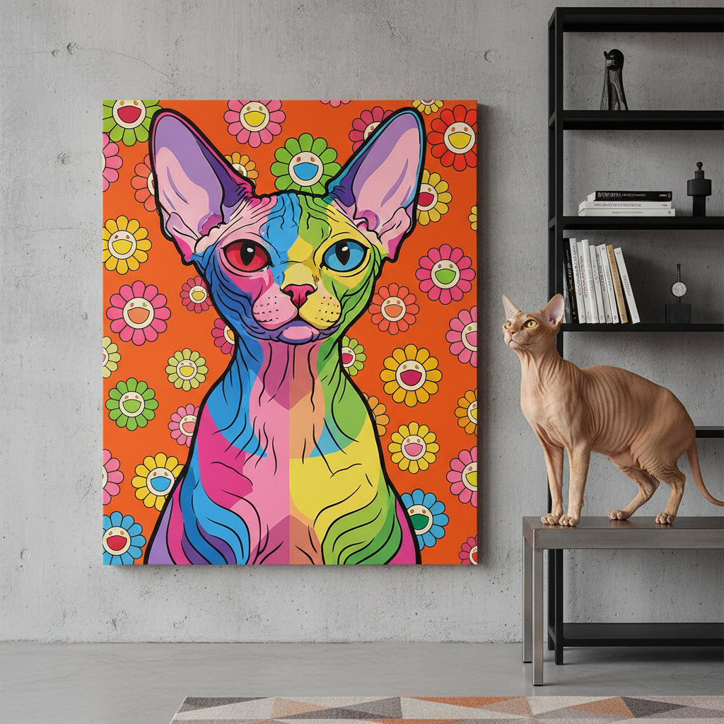 POP Art Vivid Canvas room mockup; custom cat portrait canvas from photo in the POP Art Vivid style; hairless cat; proof before print.