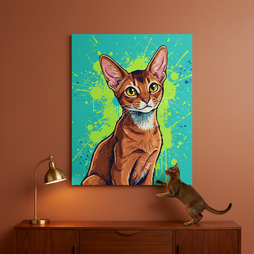Pop Comic Canvas room mockup; custom cat portrait canvas from photo in the Pop Comic style; warm-toned cat; proof before print.